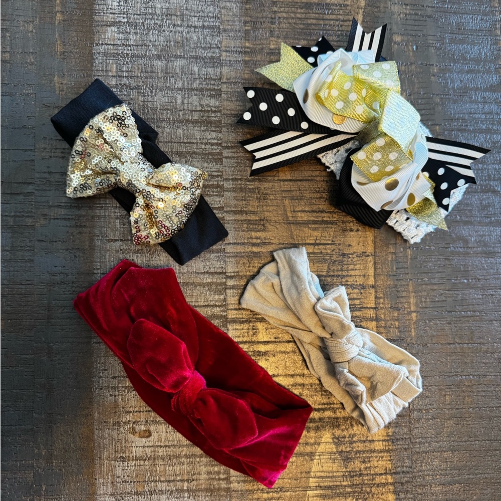 Lot of 4 Baby Girl Hair Bows Black & Gold Red Velvet, black Gold & White Nude